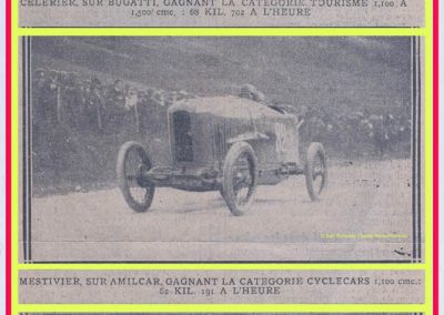 1925 -- 01 Records. Amilcar Marius Mestivier Cat. 1100cc à 82,191 km-h. Bugatti Cat. 1500cc seulement 68,702 km-h !. 1