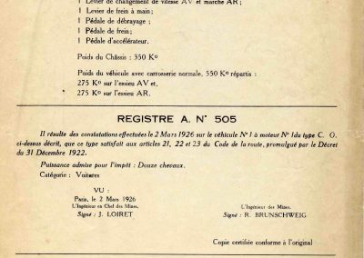 1926 02 03 Notice d'homologuation d'un Amilcar C.O. de course d'Usine, groupe borgne 1094cc, 55 x 77mm, qui n'a jamais été vendu au publique 3