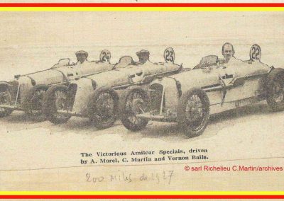 1927 15 10 les 200 Miles à Brooklands, Amilcar 1er Morel MCO 1100 n°23, V. Balls 2ème n°22 et Martin 3ème n°24. Campbell Bugatti 1er des 1600. 1