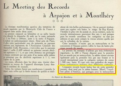 1928 02 09 Arpajon 2 Records du Monde Morel Amilcar le km lancé 1100cc à 206,895 km-h 17'40-100 + le Mile. Avec la 1500cc 1 Record du Monde à 210,770 km-h 17'18-100, 5