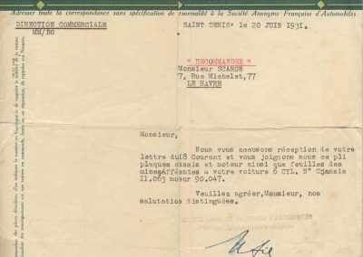 1931 20 06 de Amilcar Mr Sée à J. Scaron, envoie des documents permettant l'immatriculation d'un C.6. 1