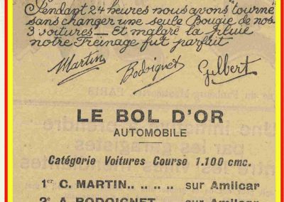 1932 14 15 16 05 Bol d'Or C.A. Martin 1er Cat. Course Amilcar MCO GH n°46, 2ème Bodoignet n°72, 5ème Raph n°47, Poiré 3ème Sport n°18 sur 6 cyl. Amilcar usine et Martin-Robail n°36. 17