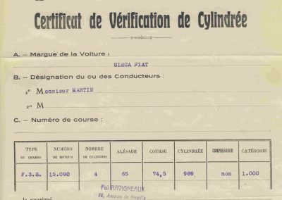 1936 04 06 les 24 heures du Mans. Certificat de Vérification de cylindrée de la Fiat Coppa d'Oro 1000cc de C.A. Martin. 1